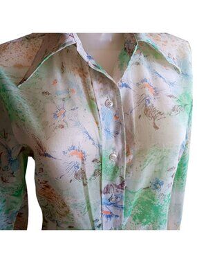 True Vintage 70's Top Blouse Medium Sheer Floral Long Sleeve Retro Pykettes